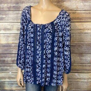 Lucky Brand Top S Small Blouse Blue Scoop Lace Oversized‎ Loose Fit
